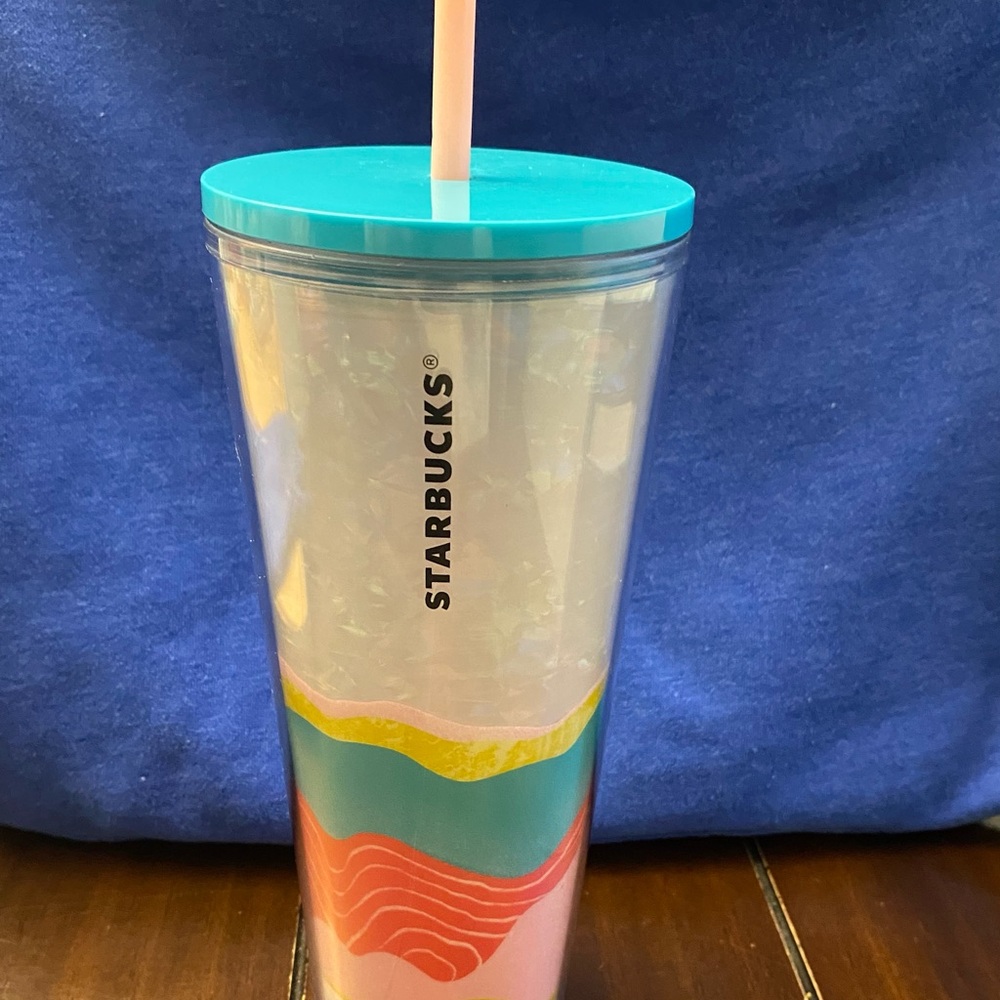 Starbucks Tumbler with Teal Lid and Colorful Waves